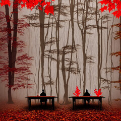 This haunting Halloween image captures the eerie beauty of a wooden table set up in a spooky forest at night. The scene is illuminated by the light of the full moon, casting a mystical glow over the r