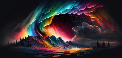 Aurora borealis in spectacular rainbow colors high above cold tundra mountain landscape, Northen polar lights night sky storm, bright vivid reflections, curtains and rays - generative AI