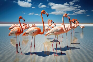Gorgeous pink flamingos on the lake. A lot of flamingos spend the winter in warm climates in Mexico, Celestun, AI generated