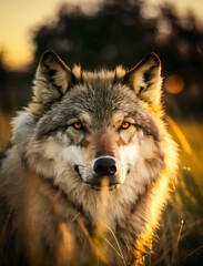 Portrait Of Wolf Standing on a grassy field at sunset, generative ai