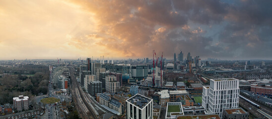 Aerial London Skyline view near Battersea Power Station in London. Cloudy weather over London.