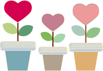 Three heart shaped flowers with two leaves planted in a pot