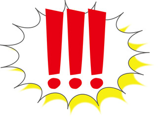 Three exclamation mark symbols in a comic explosion shape dialog box for surprise, shock