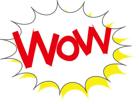 There are letters of wow in comic explosion shape dialog box, express surprise, shock