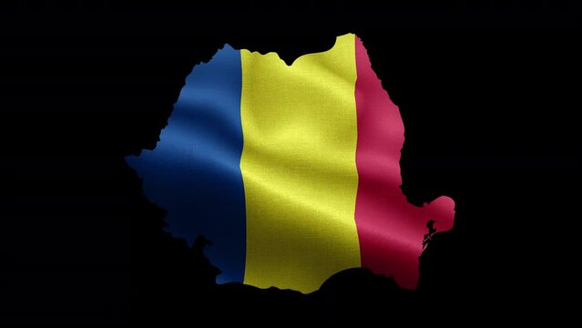 4K waving national flag of Romania on the map. Loop alpha channel seamless Romanian flag on territory. Outline geographic country border of Romania stock video.