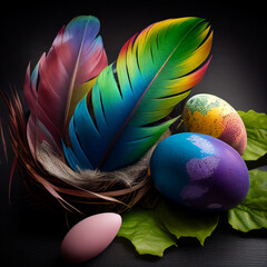 easter colofull eggs and feathers AI generated