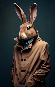 Portrait of a humanized hare or rabbit in a coat, paws in pockets, happy easter. Generative AI