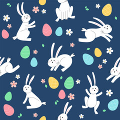 Easter bunny trendy pattern. Minimalist holiday characters, cute stylized rabbits, vector illustration background