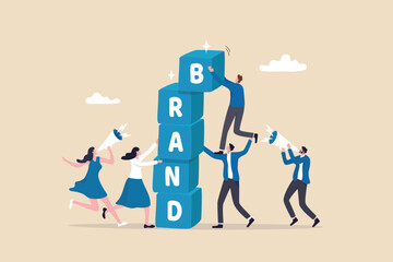Build branding or brand awareness, marketing or advertising for company reputation, strategy to promote product or sales strategy concept, business people help building block with the word BRAND. - obrazy, fototapety, plakaty