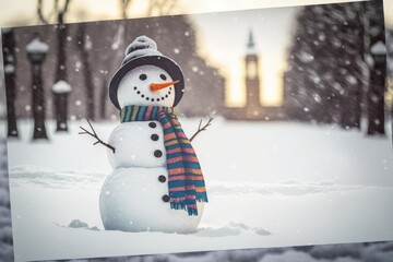 Fototapeta premium Snowman in a city park, winter season. Beautiful 3d style picture. Generative AI
