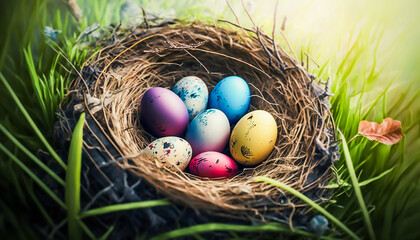 painted eggs on grass background in ester day,  Generative ai