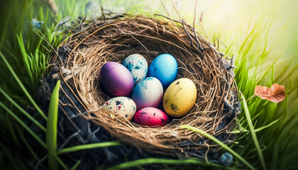 Obraz premium painted eggs on grass background in ester day, Generative ai