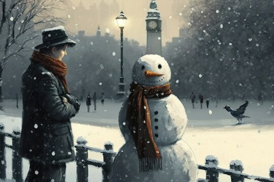 Woman is standing. Snowman in a city park, winter season. Beautiful 3d style picture. Generative AI
