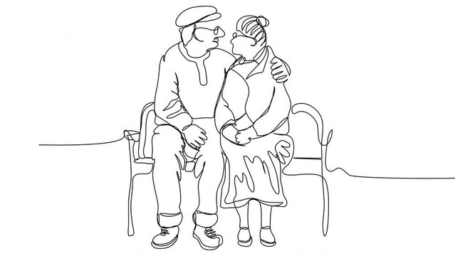Self-drawing of a couple in years sitting on a bench in a single line. Conceptual animation of two old people in love hugging. Stock 4k whiteboard video of a strong family with alpha channel.