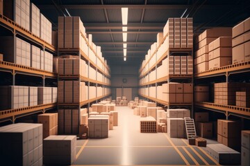 Efficient Storage Solutions: Organizing Your Products in a Spacious Warehouse with Shelves and Cardboard Boxes, Generative AI.