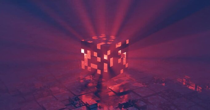 Glowing cube emits bright rays in the fog, destruction or radiation, the concept of data corruption in the data array, extraterrestrial energy source, 4k loop video, 3d rendering