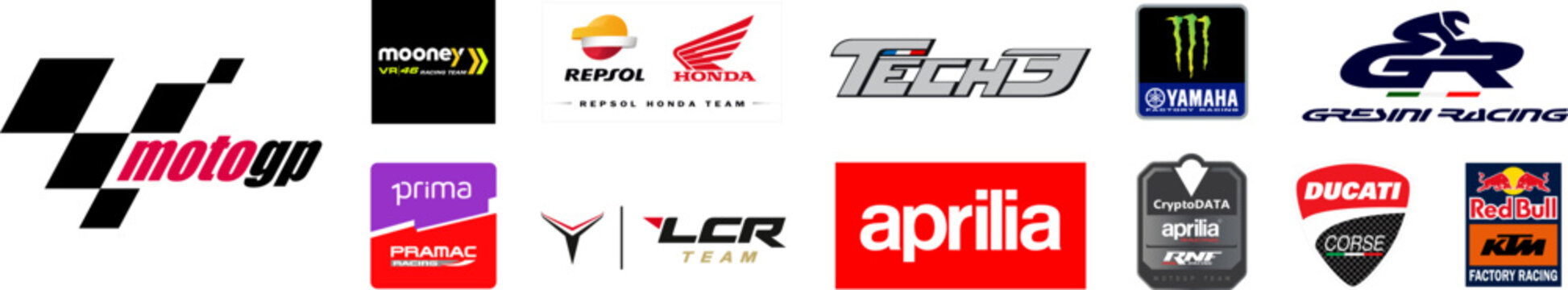 MotoGP season 2023. CryptoData Aprilia RNF MotoGP Team, Mooney VR46 Racing Team, Tech3 GasGas Factory Racing, Aprilia, Monster Energy Yamaha, Red Bull, LCR Honda, Repsol Honda Team, Ducati Lenovo Team