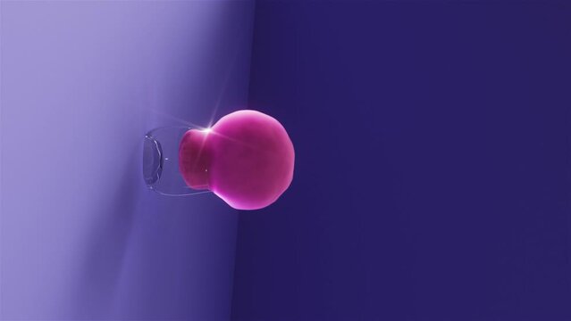 Pink fluffy cloud or organic abstract cell comes out of glass goblet. Blue background with copyspace. 3d render, 4k vertical video.