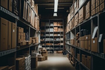 Discover the Ultimate Efficiency: Step Inside Our Modern Warehouse with Neatly Organized Shelves and Labeled Cardboard Boxes for a Thriving Business, Generative AI.