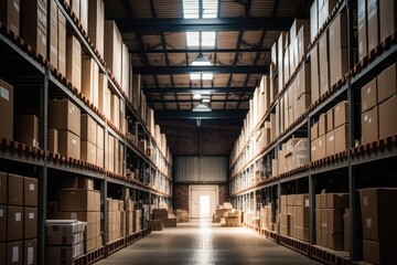 Fototapeta premium Discover the Ultimate Efficiency: Step Inside Our Modern Warehouse with Neatly Organized Shelves and Labeled Cardboard Boxes for a Thriving Business, Generative AI.