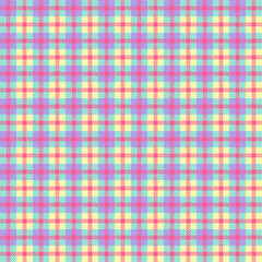 Seamless plaid pattern, pastel tones, yellow, purple, light blue, cut with royal pink lines.