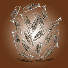 Floating set of Silver trumpets against brown gradient © pbombaert