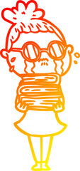 warm gradient line drawing cartoon crying woman wearing spectacles