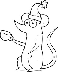 black and white cartoon mouse wearing christmas hat