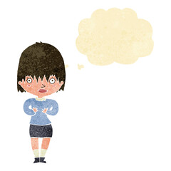 cartoon woman making Who Me? gesture with thought bubble