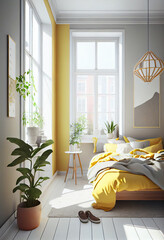 Bright spacious bedroom. AI generated