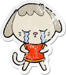 distressed sticker of a cute puppy crying cartoon