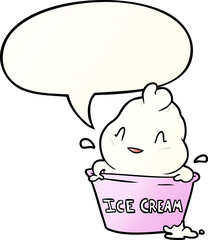 cute cartoon ice cream and speech bubble in smooth gradient style