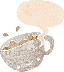 cartoon cup of coffee and speech bubble in retro textured style