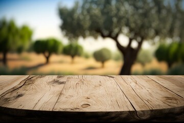 Showcasing Your Products in Style: Old Wooden Table with Olive Tree Layout Design and Bokeh Background, Generative AI.