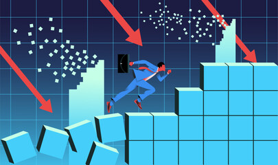 Businessman running on falling pixels. Digital economy collapse concept. Startup surviving. Vector illustration.  - obrazy, fototapety, plakaty