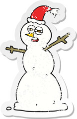 retro distressed sticker of a cartoon unhappy snowman
