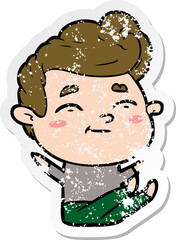 distressed sticker of a happy cartoon man sitting