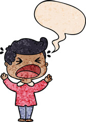cartoon shouting man and speech bubble in retro texture style