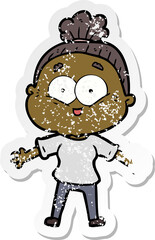 distressed sticker of a cartoon happy old woman