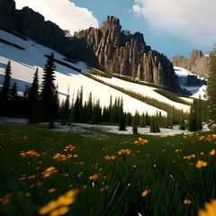 snowy meadow full of beautiful flowers surrounded by tall trees in a tall valley rocky mountain