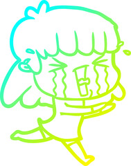 cold gradient line drawing cartoon woman in tears