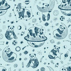 Space sleeping panda vector line seamless pattern. © GooseFrol