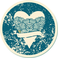 distressed sticker tattoo style icon of a heart and banner with flowers