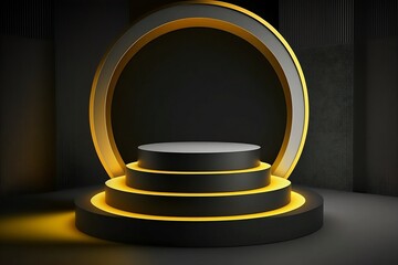 3d render podium on minimalistic black background with light circle behind. Generative ai.