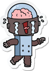 sticker of a cartoon crying robot pointing