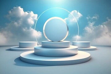 3d render podium on blue minimalistic cloudy background with light circle behind. Generative ai.