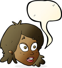 cartoon female face with surprised expression with speech bubble