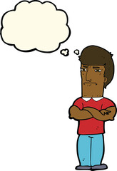 cartoon annoyed man with folded arms with thought bubble