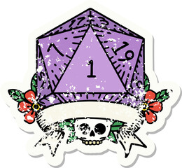 natural one d20 dice roll grunge sticker