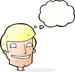 cartoon grinning man with thought bubble